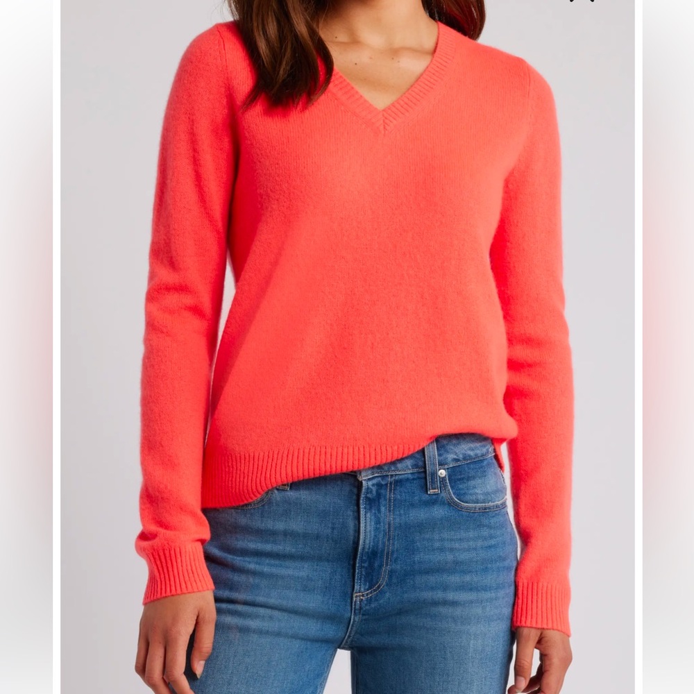 Halogen Cashmere Coral V-neck Knit Long Sleeve Sweater Pullover Women Size S